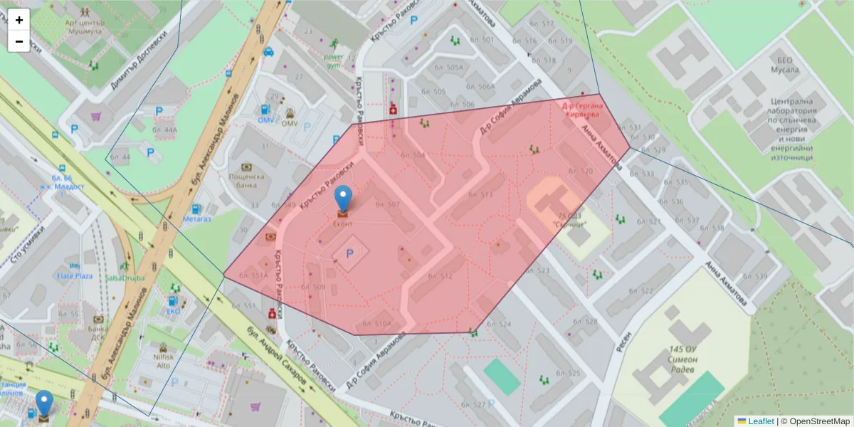 Карта на пощенски код  и съседните пощенски кодове в България