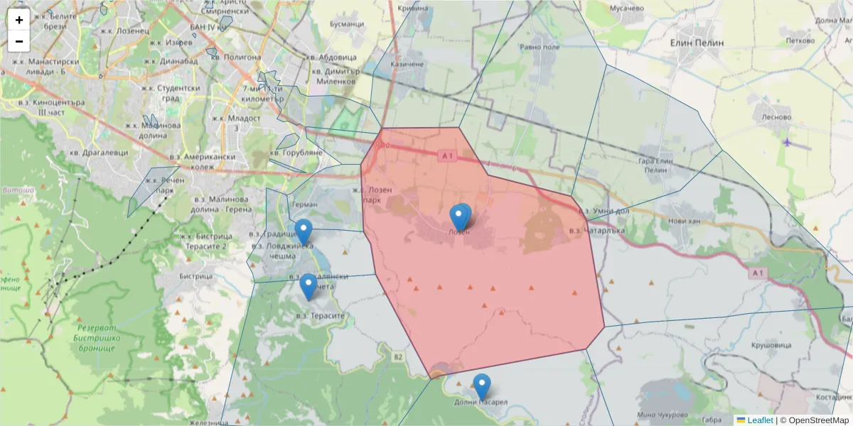 Карта на пощенски код  и съседните пощенски кодове в България