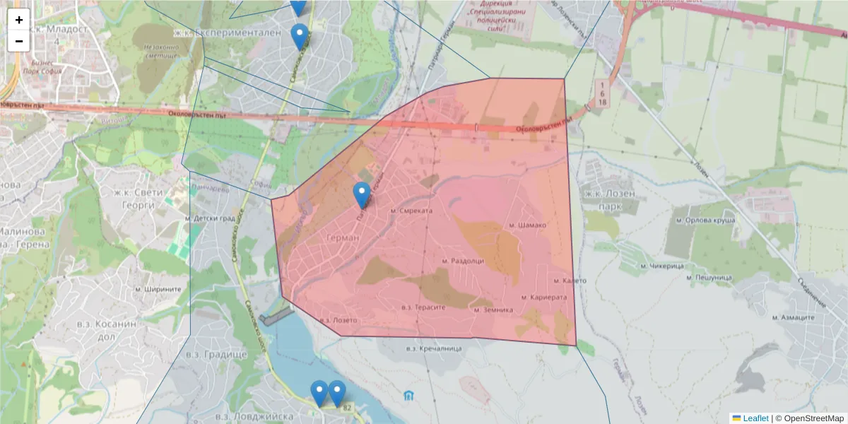 Карта на пощенски код  и съседните пощенски кодове в България