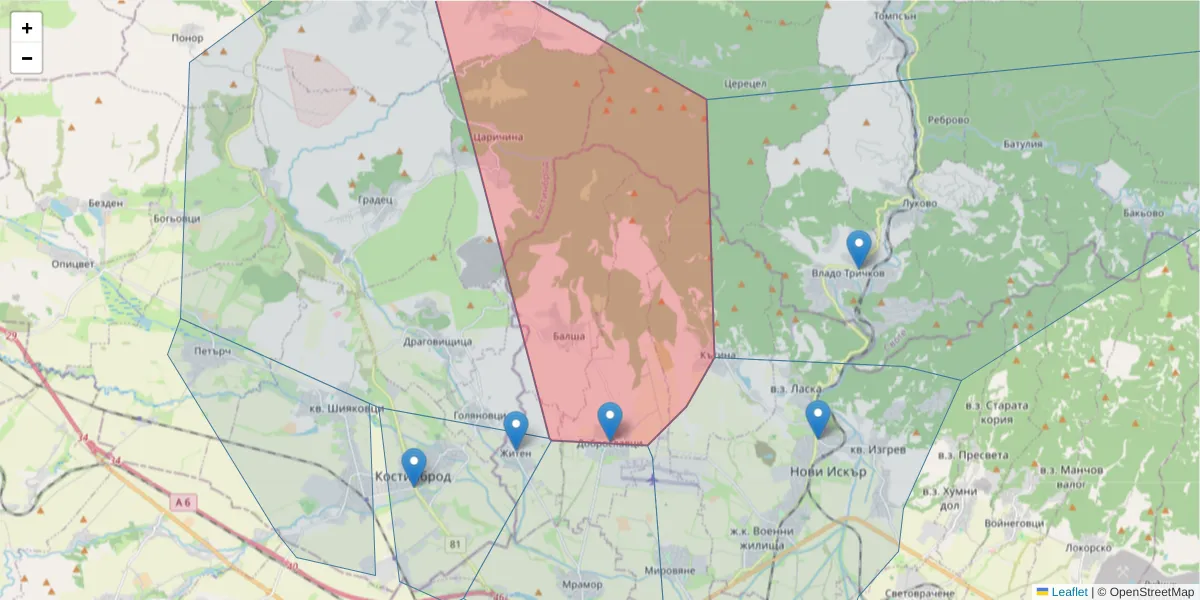 Карта на пощенски код  и съседните пощенски кодове в България