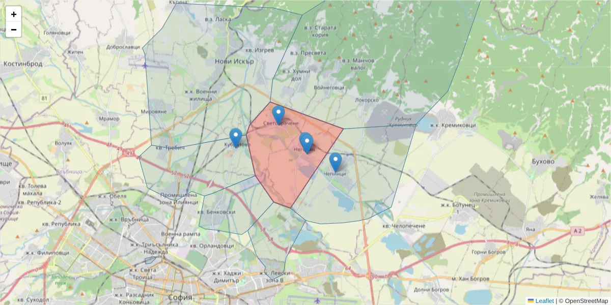 Карта на пощенски код  и съседните пощенски кодове в България