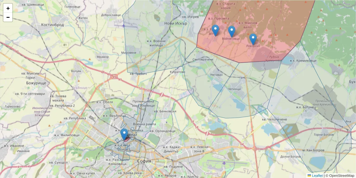Карта на пощенски код  и съседните пощенски кодове в България