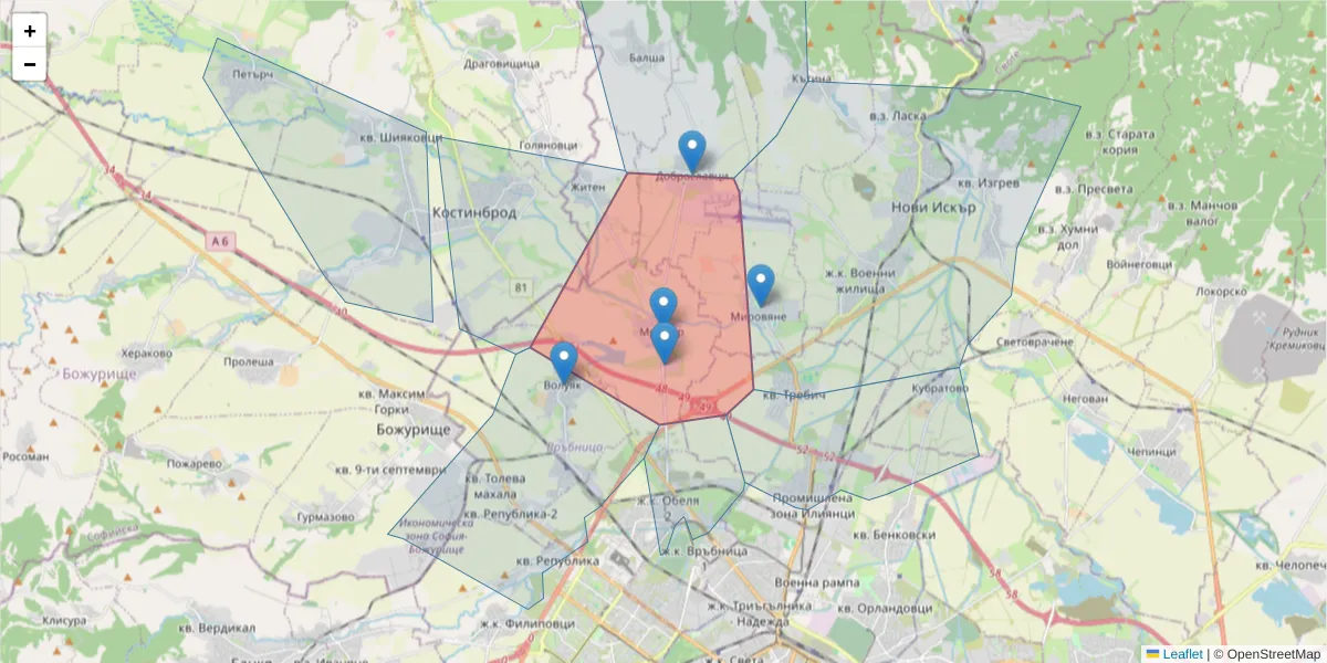 Карта на пощенски код  и съседните пощенски кодове в България