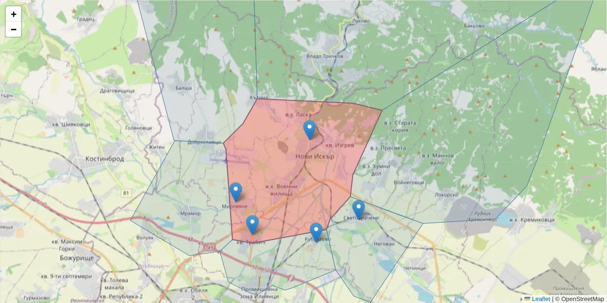 Карта на пощенски код  и съседните пощенски кодове в България