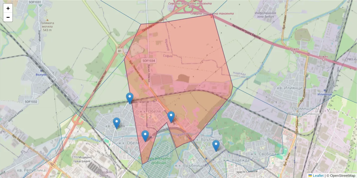 Карта на пощенски код  и съседните пощенски кодове в България