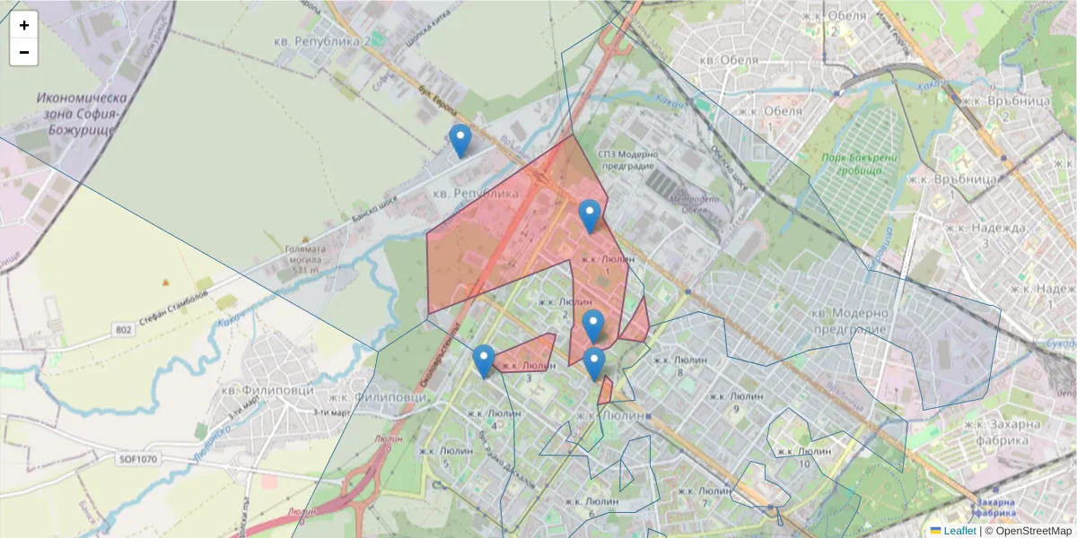Карта на пощенски код  и съседните пощенски кодове в България