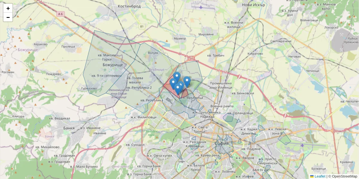 Карта на пощенски код  и съседните пощенски кодове в България