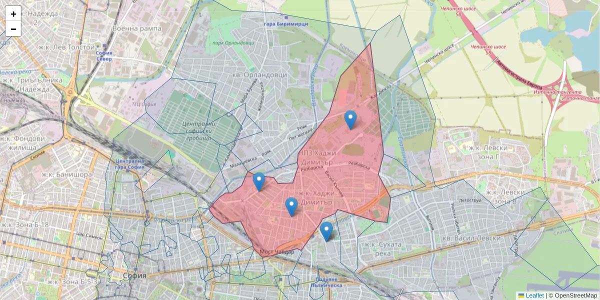 Карта на пощенски код  и съседните пощенски кодове в България