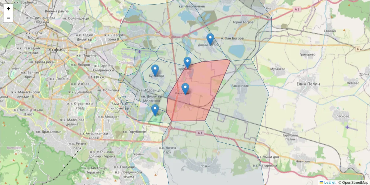 Карта на пощенски код  и съседните пощенски кодове в България