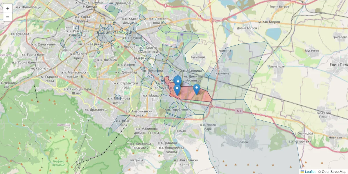 Карта на пощенски код  и съседните пощенски кодове в България