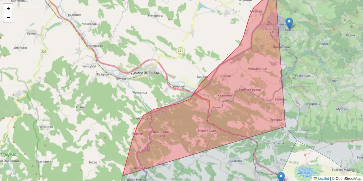 Карта на пощенски код  и съседните пощенски кодове в България