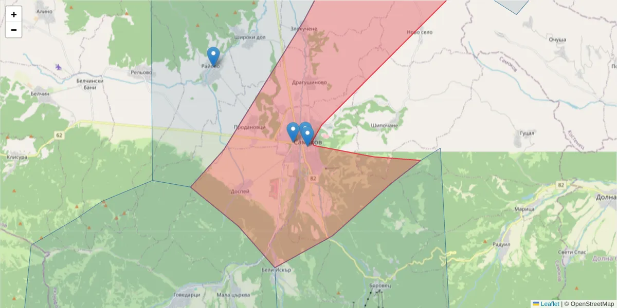 Карта на пощенски код  и съседните пощенски кодове в България