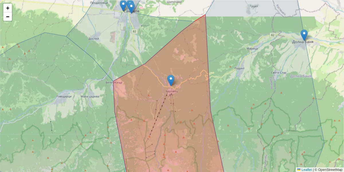 Карта на пощенски код  и съседните пощенски кодове в България