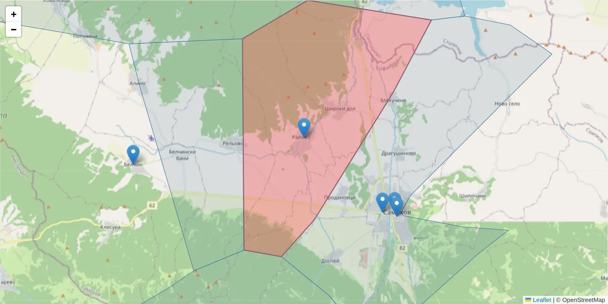 Карта на пощенски код  и съседните пощенски кодове в България