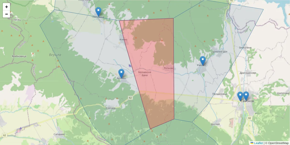 Карта на пощенски код  и съседните пощенски кодове в България