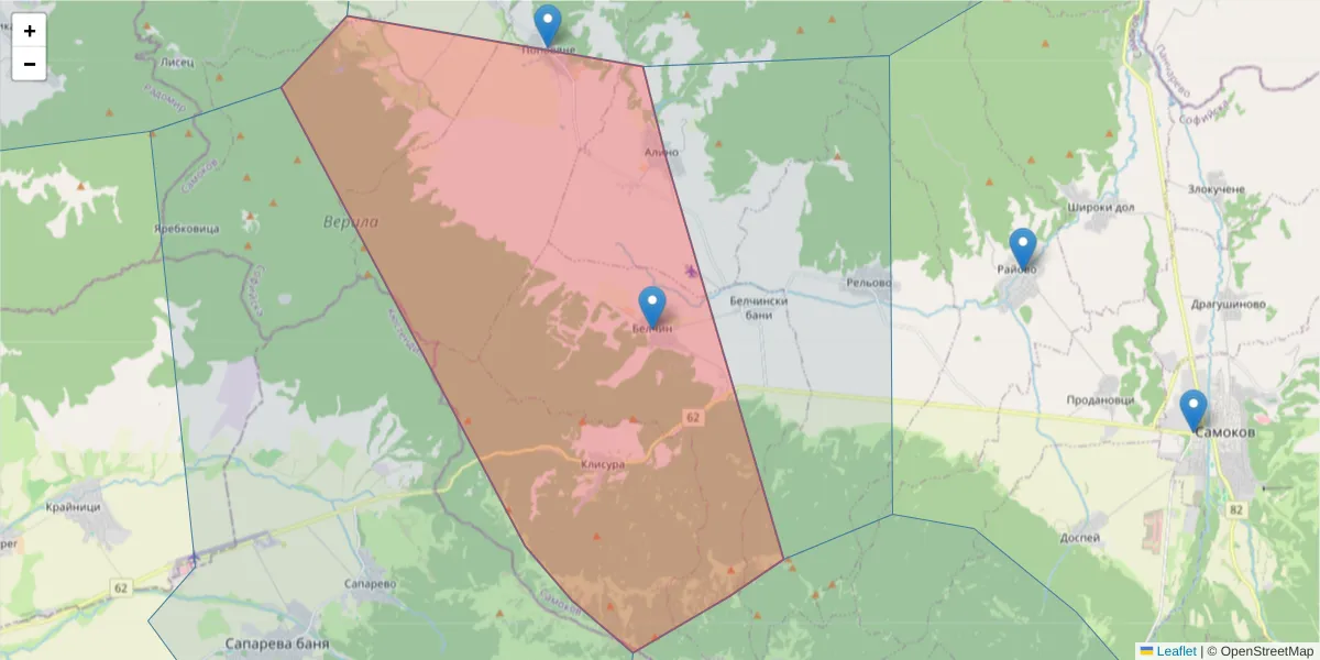 Карта на пощенски код  и съседните пощенски кодове в България