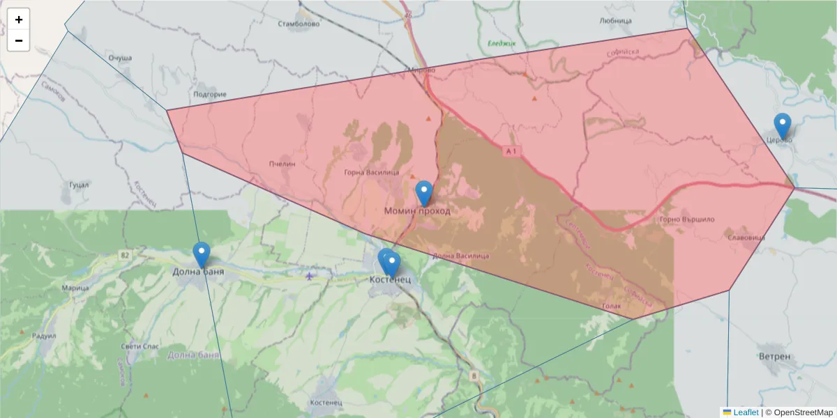 Карта на пощенски код  и съседните пощенски кодове в България