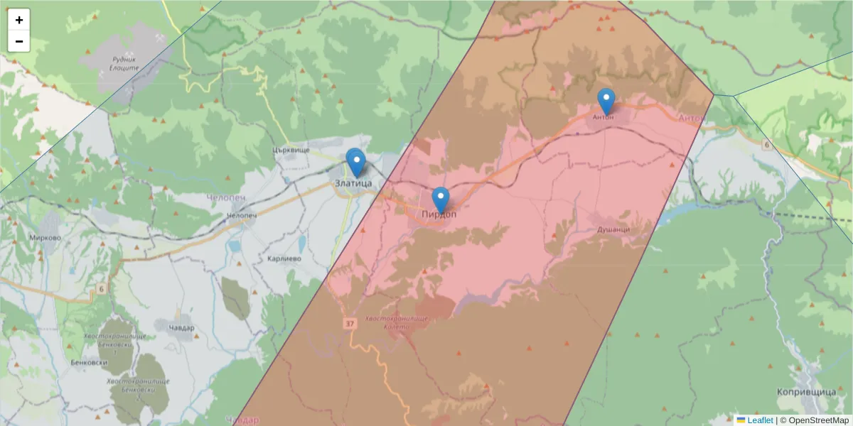 Карта на пощенски код  и съседните пощенски кодове в България