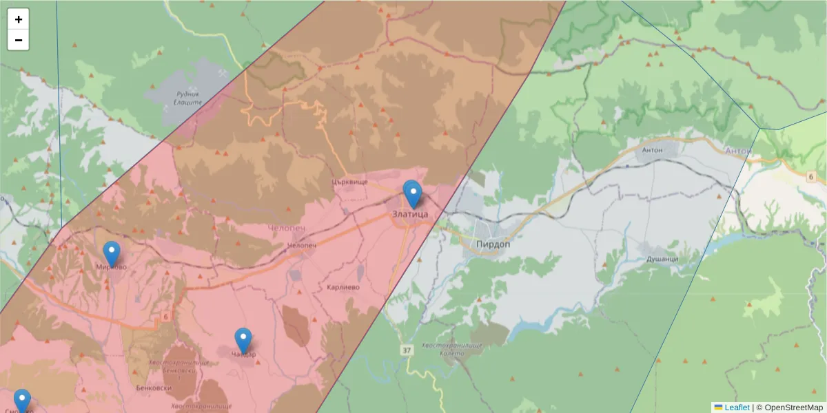 Карта на пощенски код  и съседните пощенски кодове в България