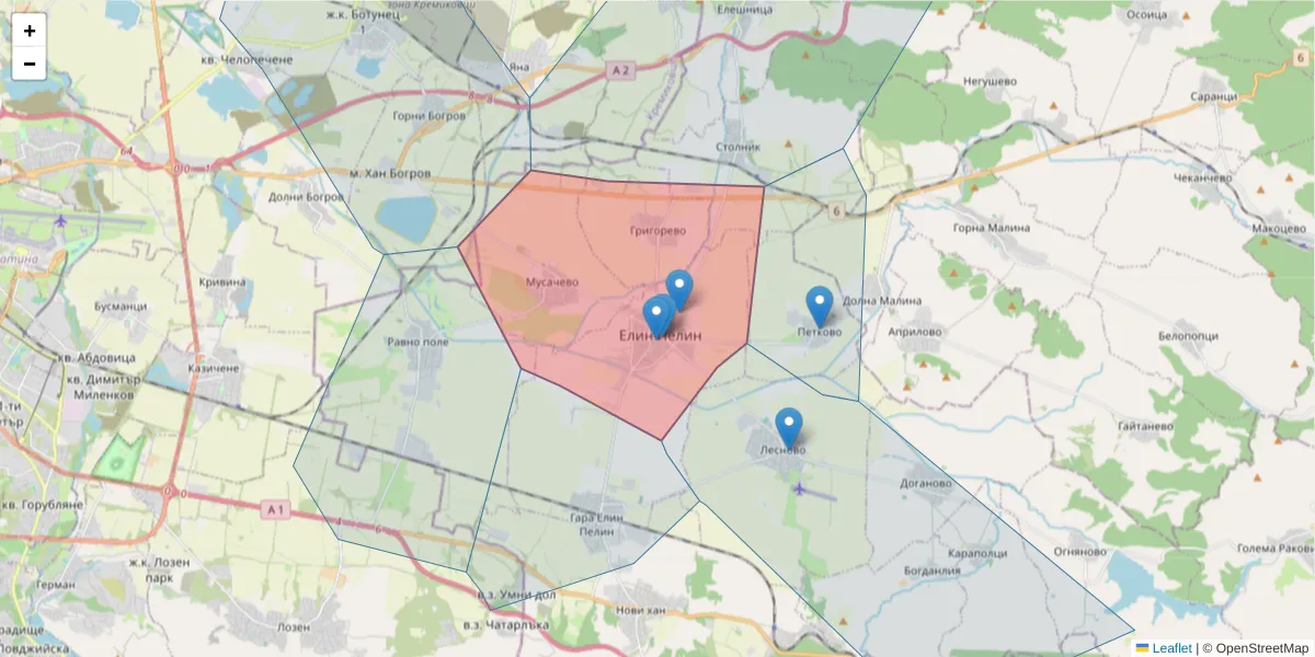 Карта на пощенски код  и съседните пощенски кодове в България