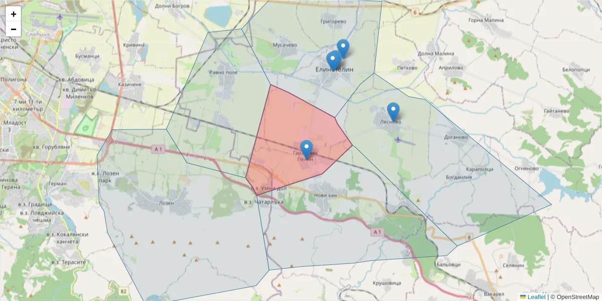 Карта на пощенски код  и съседните пощенски кодове в България