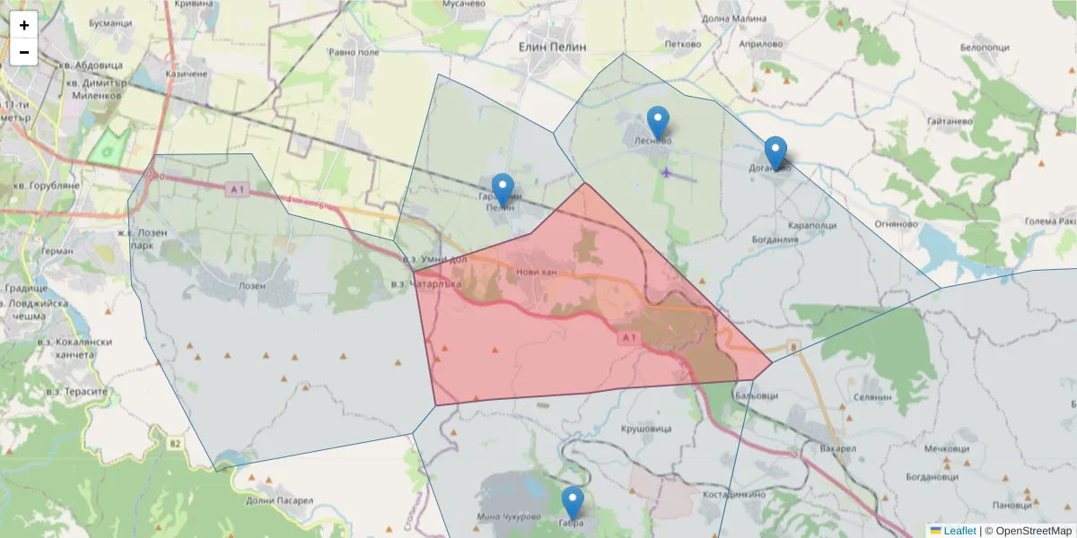 Карта на пощенски код  и съседните пощенски кодове в България