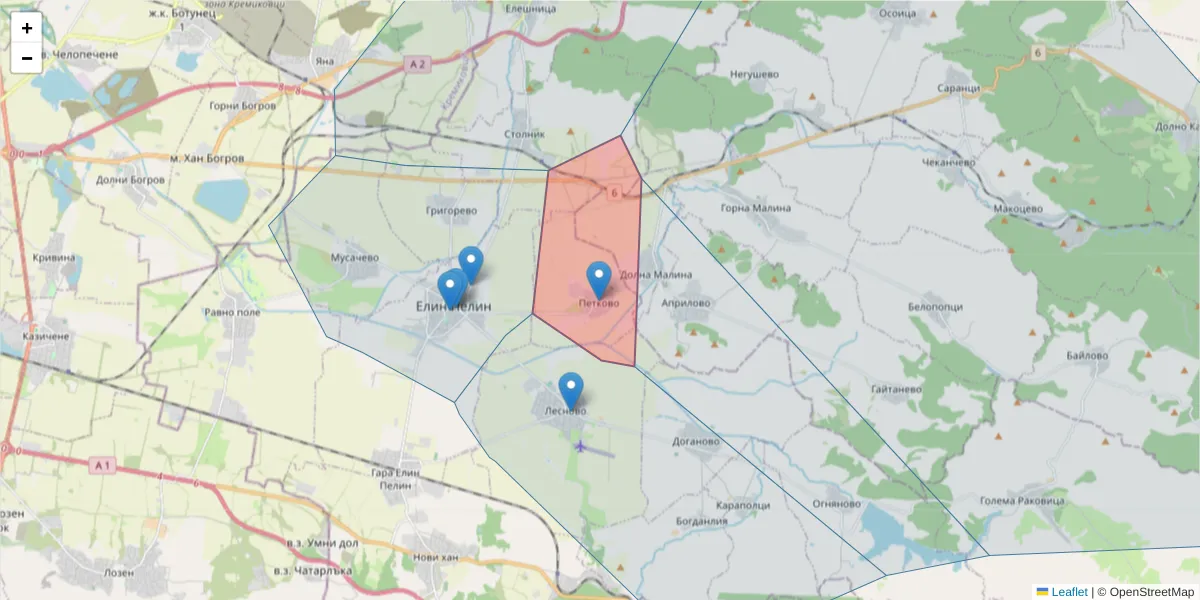 Карта на пощенски код  и съседните пощенски кодове в България