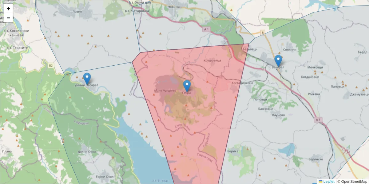 Карта на пощенски код  и съседните пощенски кодове в България
