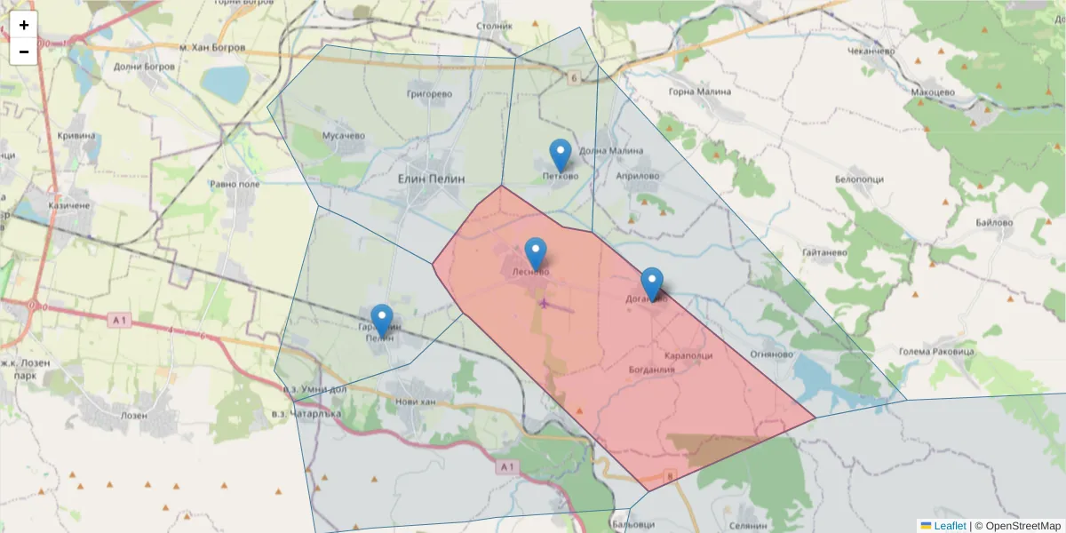 Карта на пощенски код  и съседните пощенски кодове в България