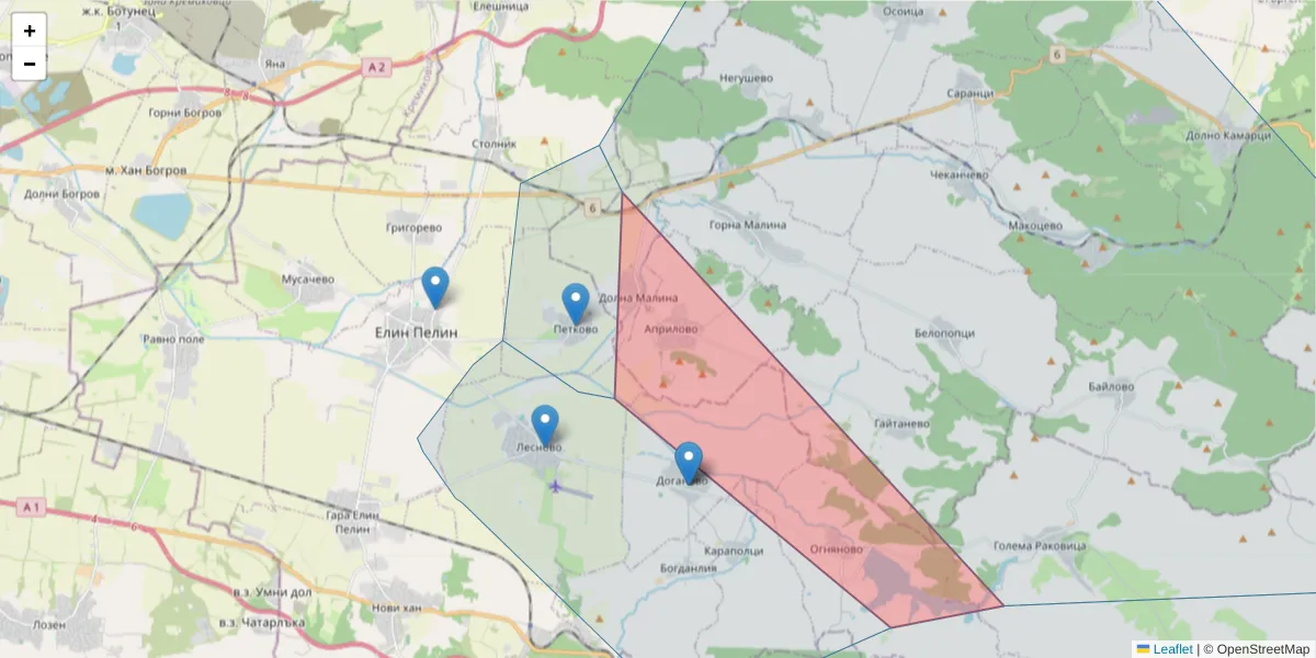 Карта на пощенски код  и съседните пощенски кодове в България