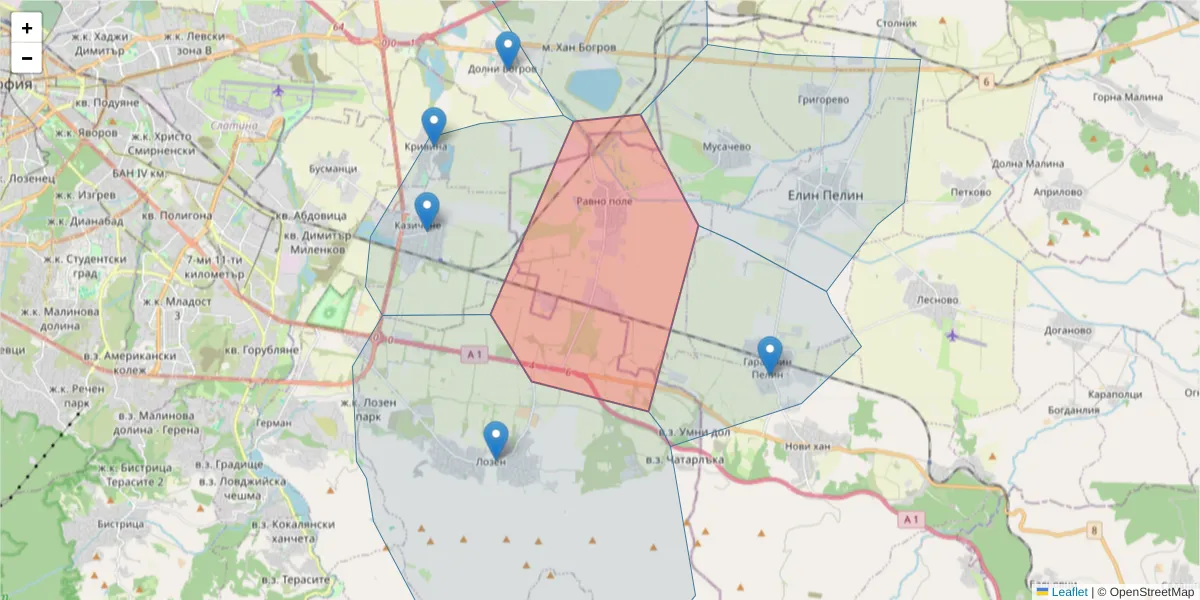 Карта на пощенски код  и съседните пощенски кодове в България