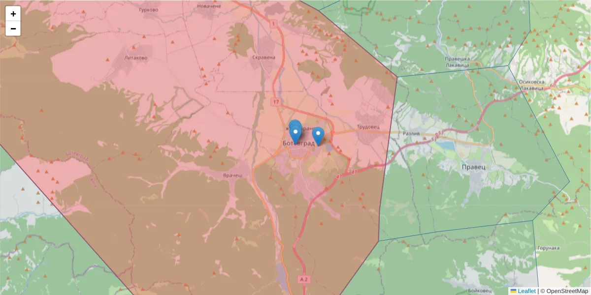 Карта на пощенски код  и съседните пощенски кодове в България