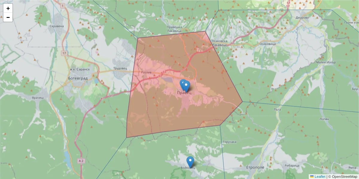 Карта на пощенски код  и съседните пощенски кодове в България