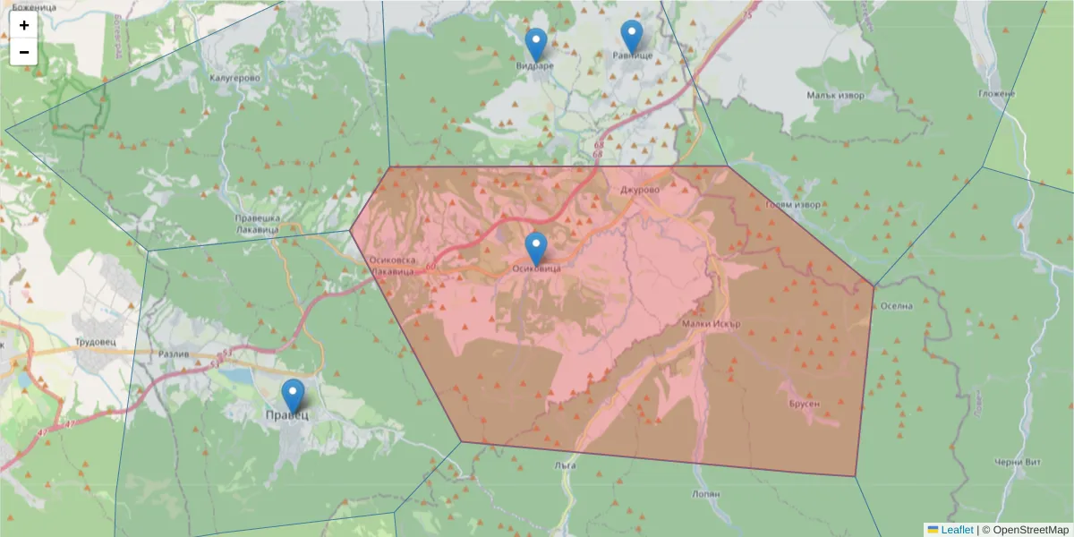 Карта на пощенски код  и съседните пощенски кодове в България