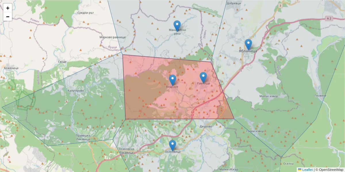 Карта на пощенски код  и съседните пощенски кодове в България