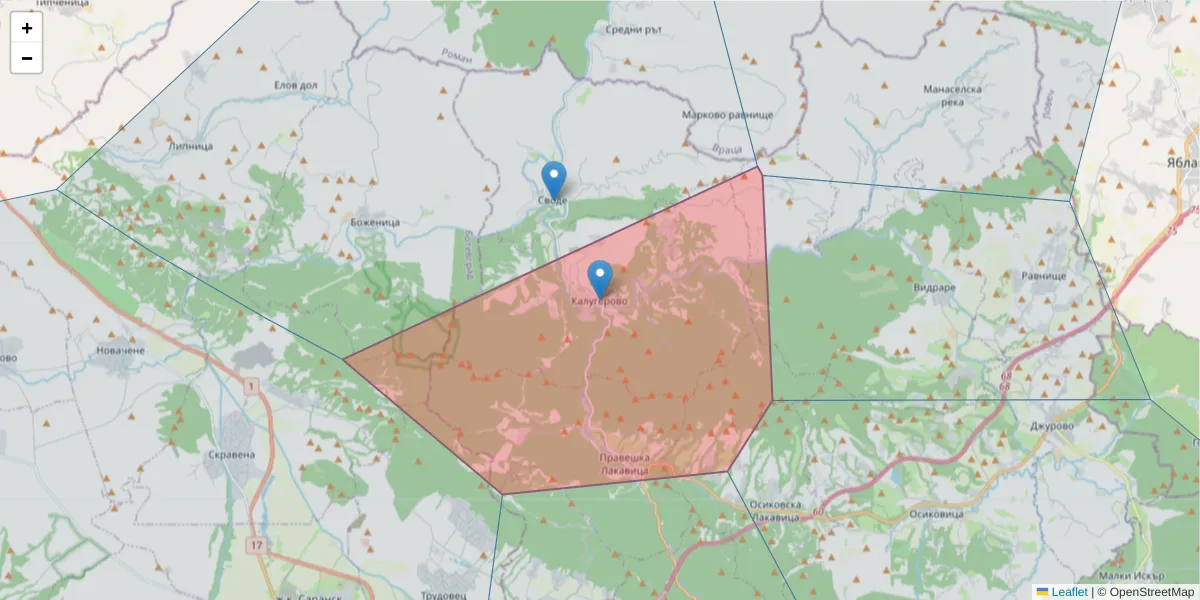 Карта на пощенски код  и съседните пощенски кодове в България