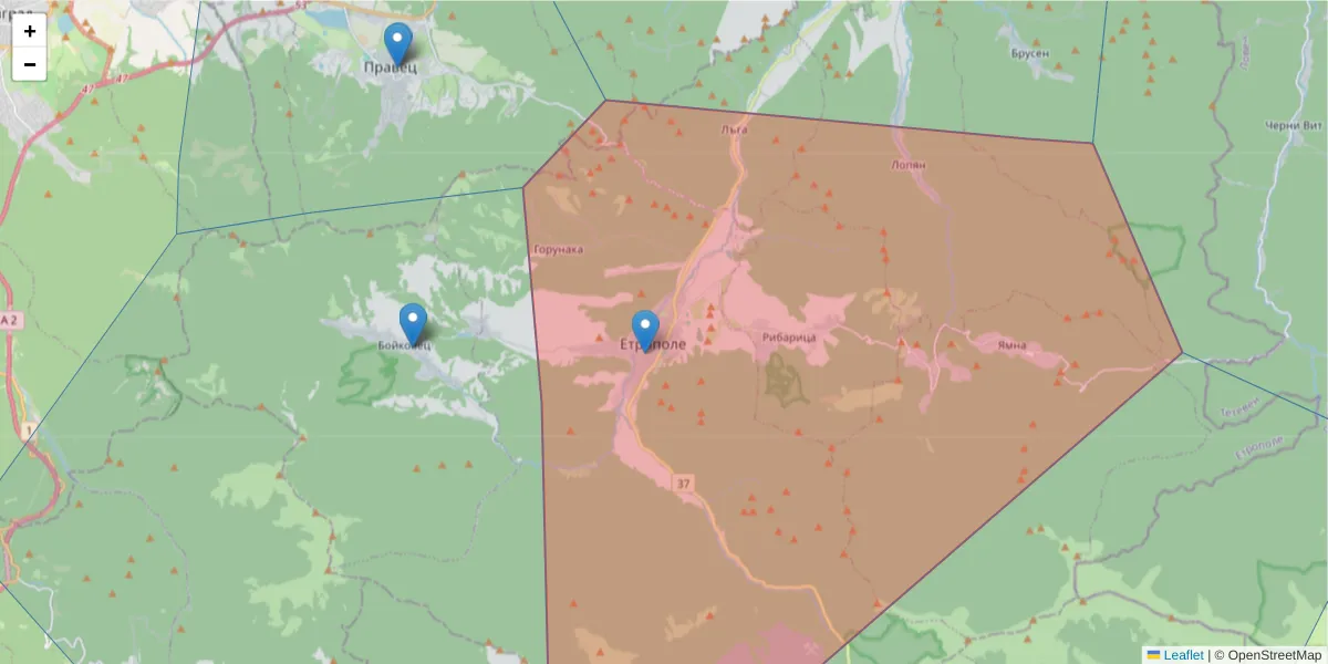 Карта на пощенски код  и съседните пощенски кодове в България