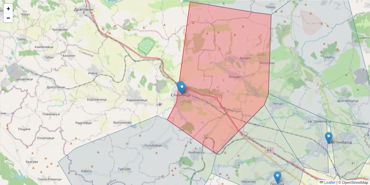 Карта на пощенски код  и съседните пощенски кодове в България