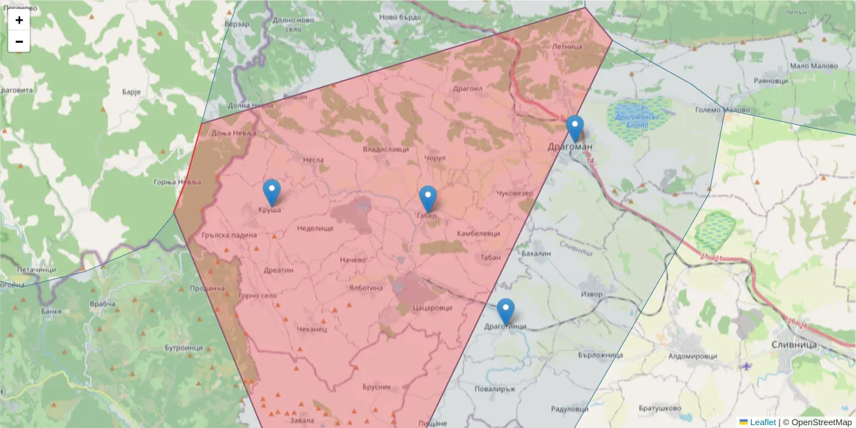Карта на пощенски код  и съседните пощенски кодове в България