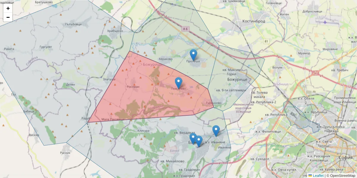 Карта на пощенски код  и съседните пощенски кодове в България
