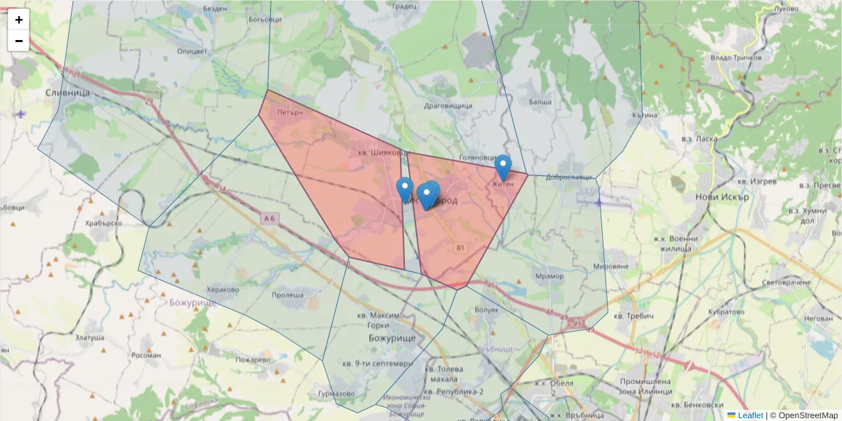 Карта на пощенски код  и съседните пощенски кодове в България