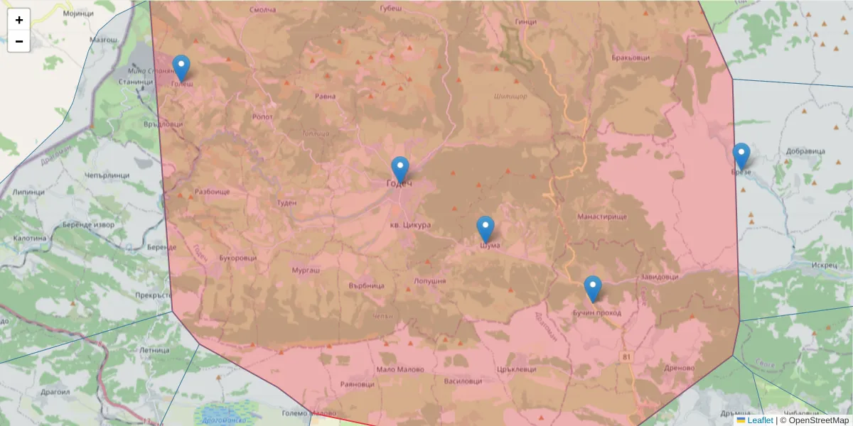 Карта на пощенски код  и съседните пощенски кодове в България