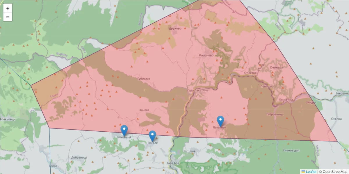 Карта на пощенски код  и съседните пощенски кодове в България
