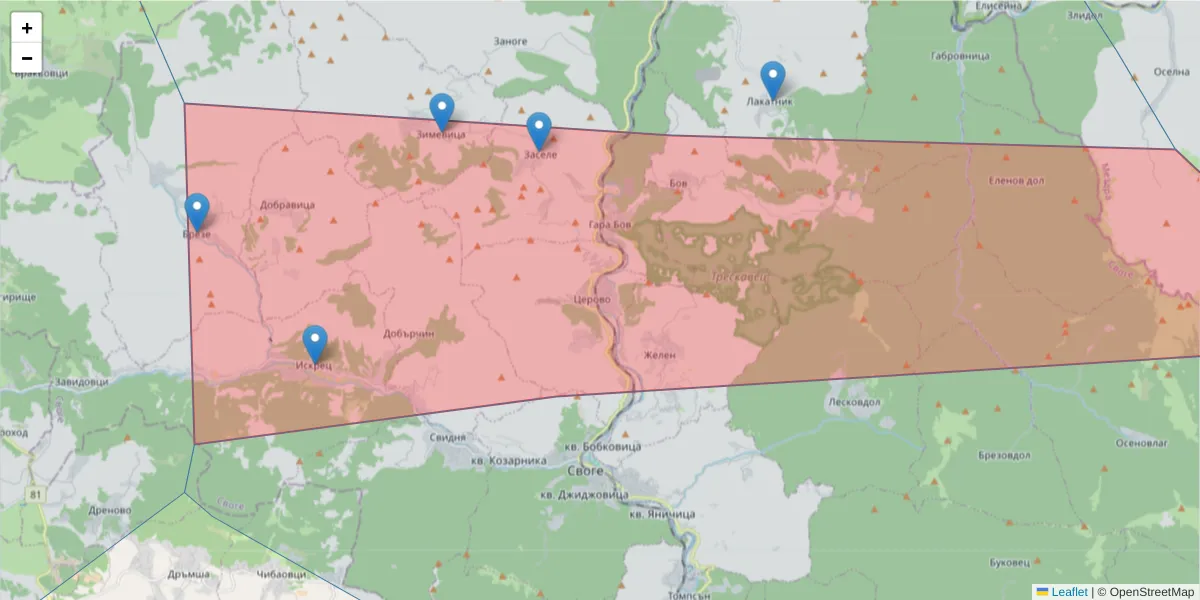 Карта на пощенски код  и съседните пощенски кодове в България