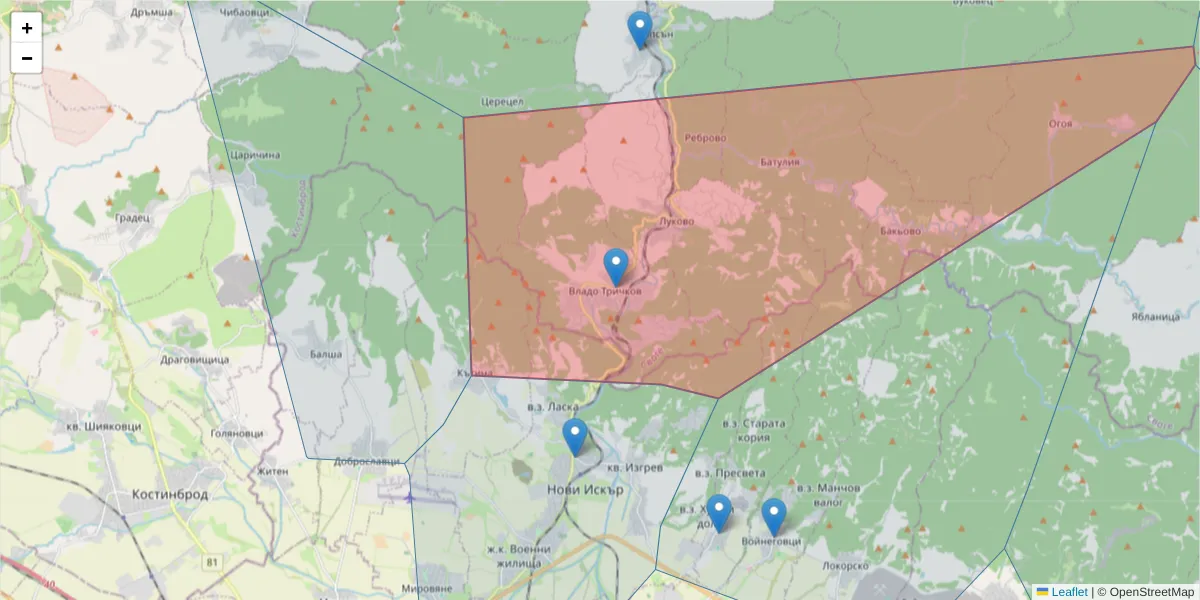 Карта на пощенски код  и съседните пощенски кодове в България
