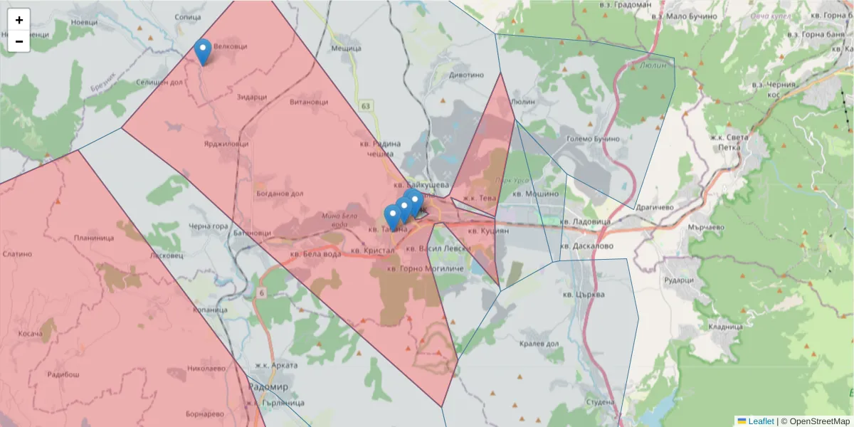 Карта на пощенски код  и съседните пощенски кодове в България