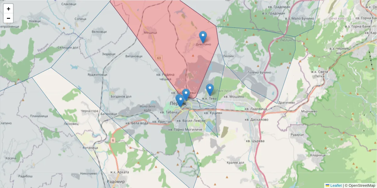 Карта на пощенски код  и съседните пощенски кодове в България