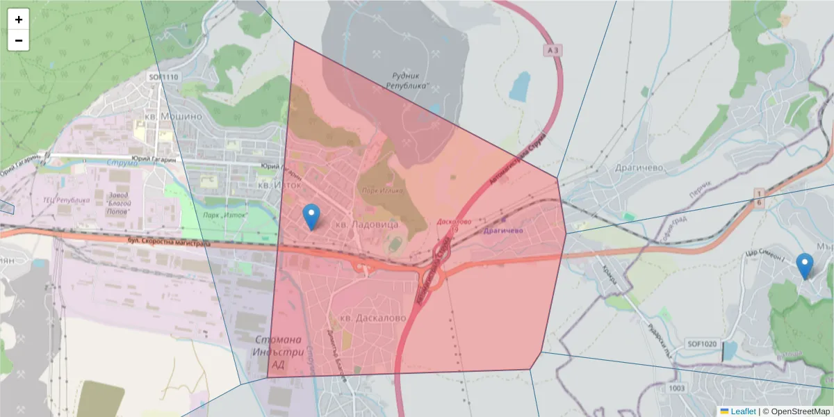 Карта на пощенски код  и съседните пощенски кодове в България
