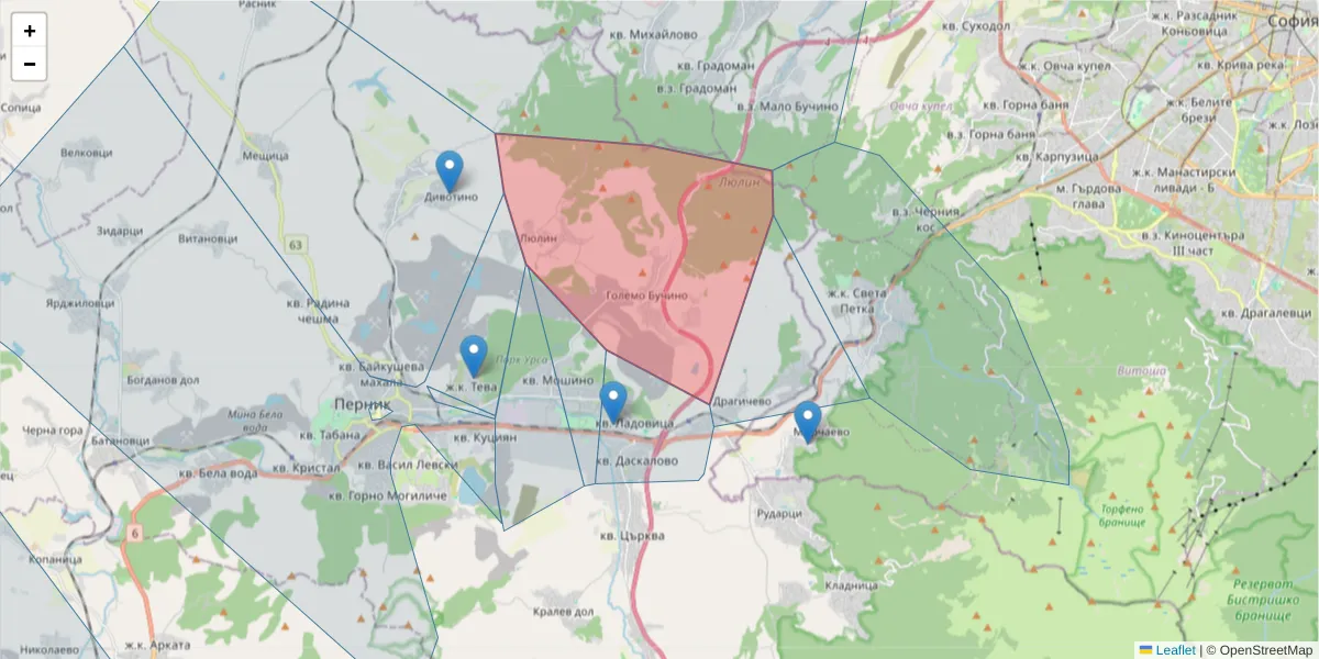 Карта на пощенски код  и съседните пощенски кодове в България