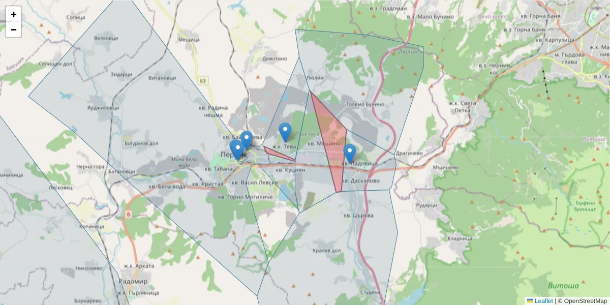 Карта на пощенски код  и съседните пощенски кодове в България